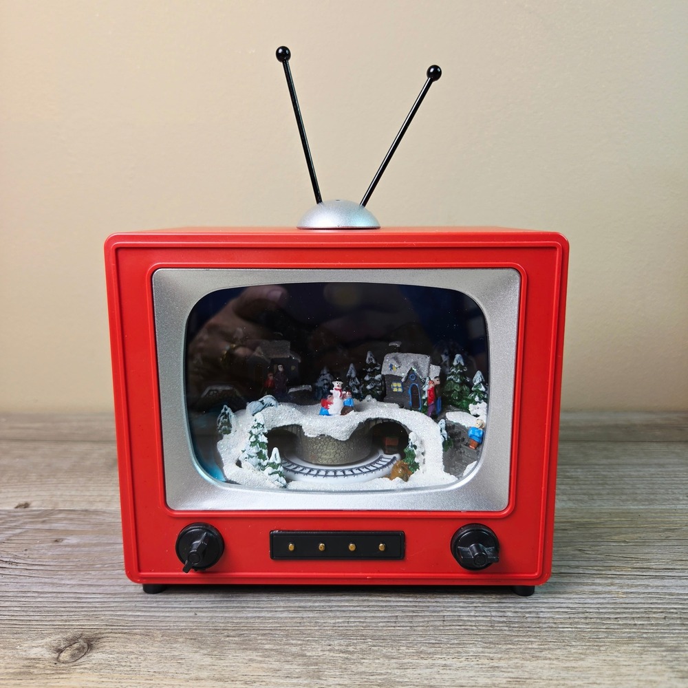Retro TV Christmas Village Scene Animated Lighted Holiday Decoration Train
